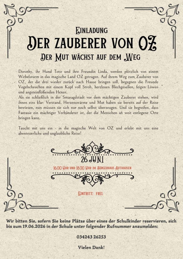 Der Zauberer von Oz" 26. Juni im Bürgerhaus Eiienburg